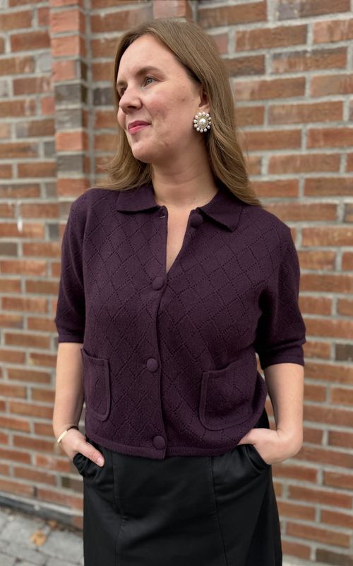 Davida Collar Short Jacket Square Knit Dark Plum