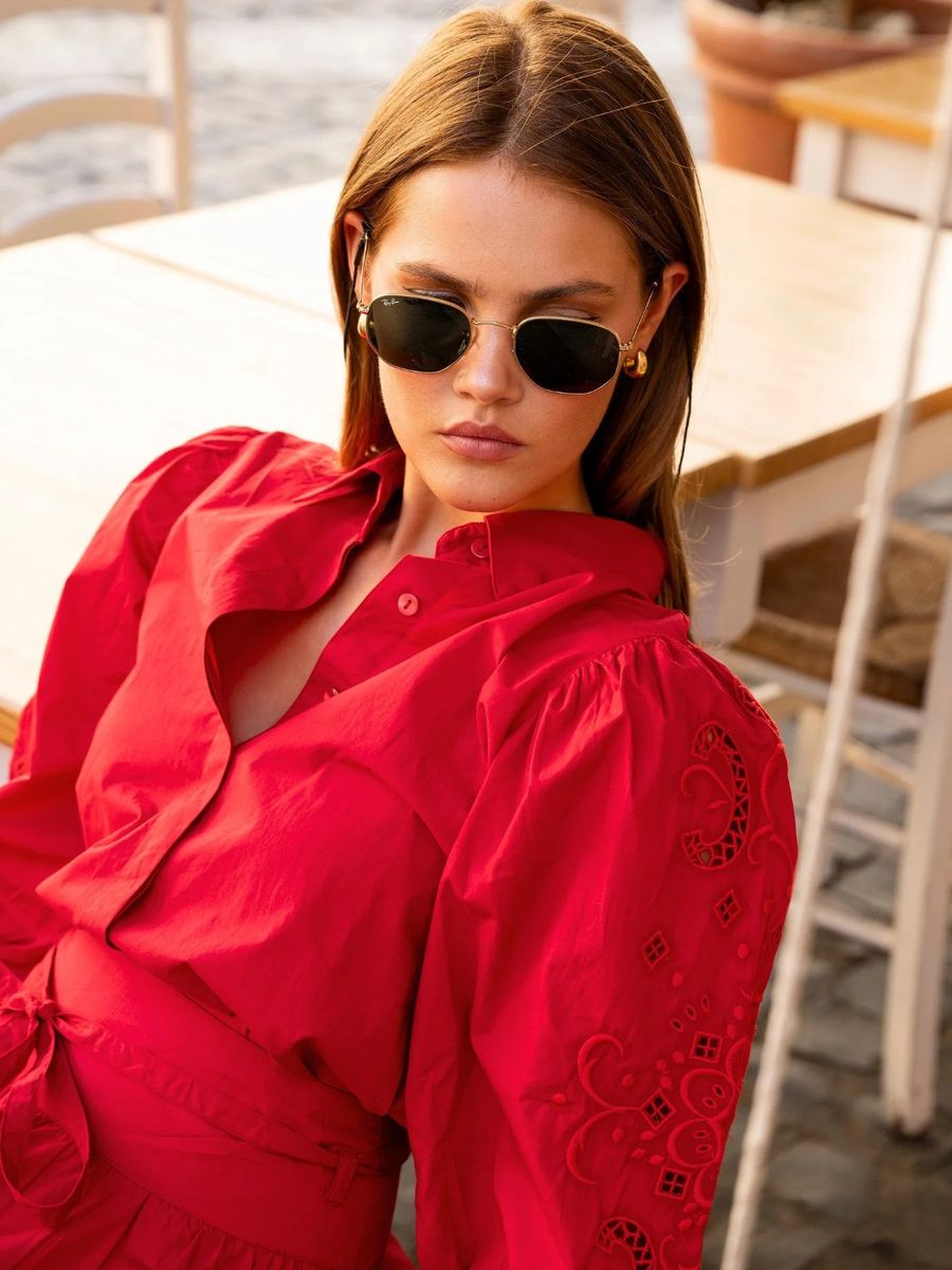 MissMaya Amy Embroidered Shirt City Red Poplin