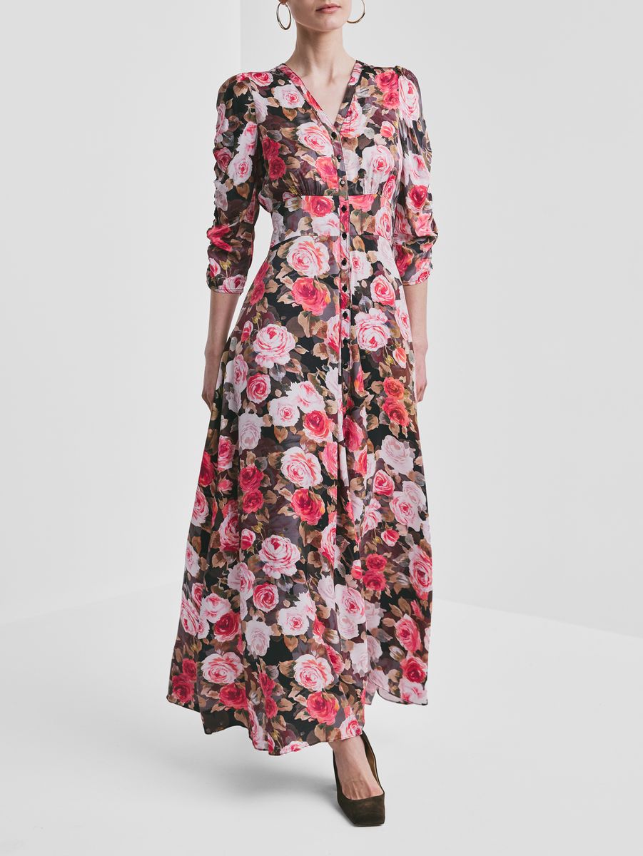 By TiMo Satin Button-Down Dress Midnight Roses